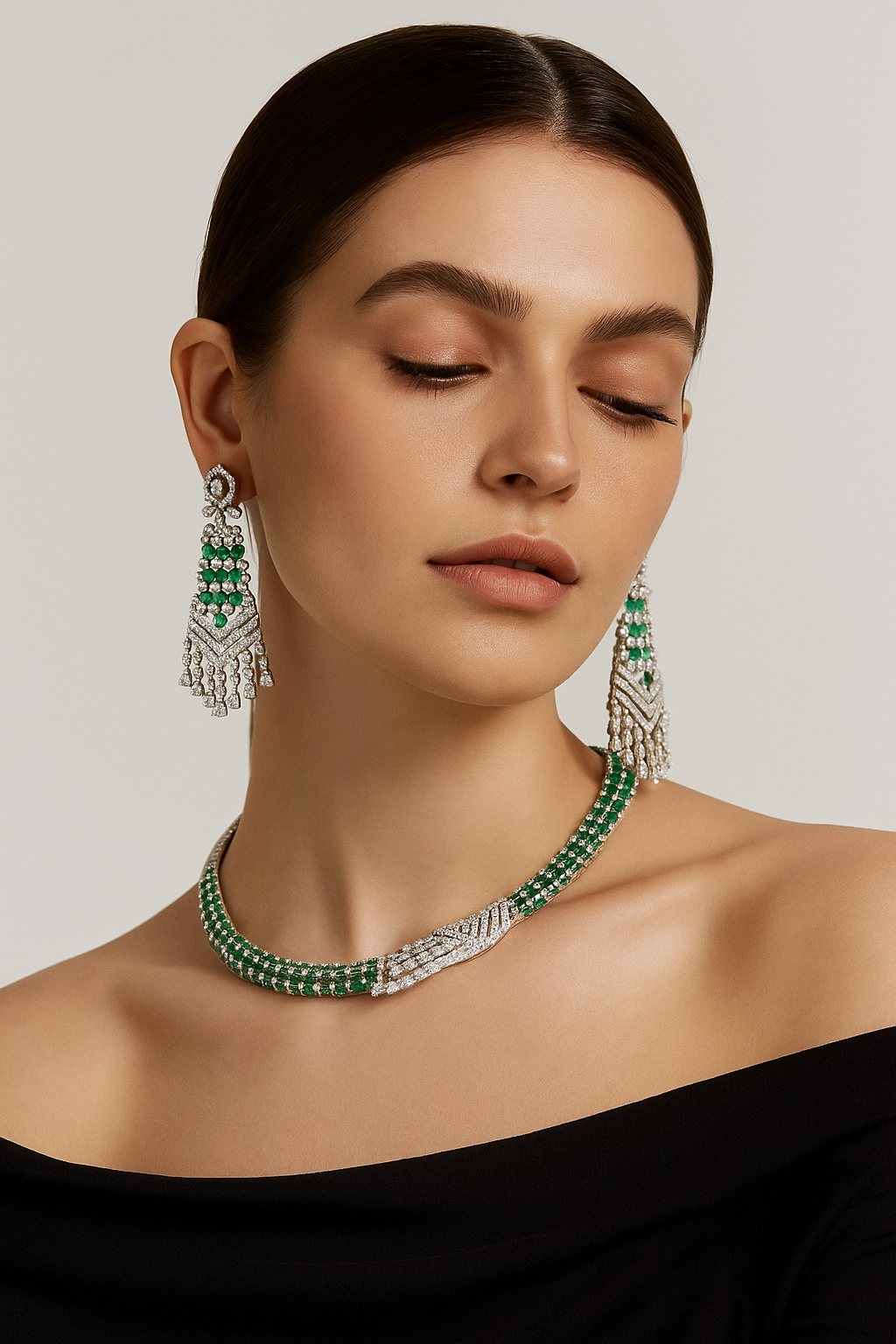 Emerald Green & Diamond Choker Necklace Set with Long Earrings – Luxury CZ Jewellery